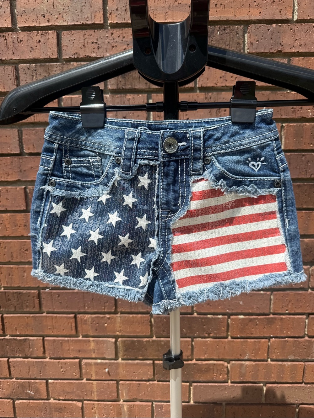 Justice Girls Size 8 R Denim Blue Jean Shorts Sequined American Flag Patriotic